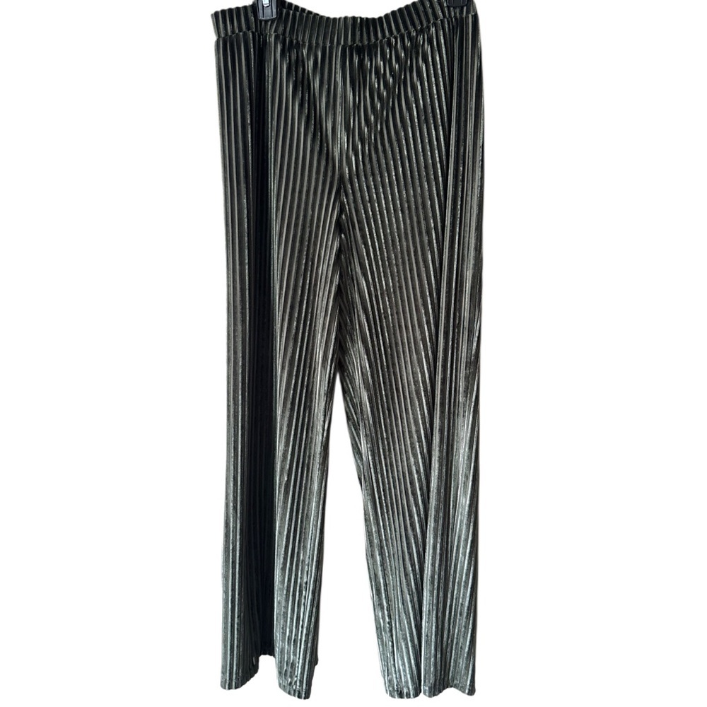 Dennis Basso Green Vertical Striped Velvet Wide Leg Stretch Pants